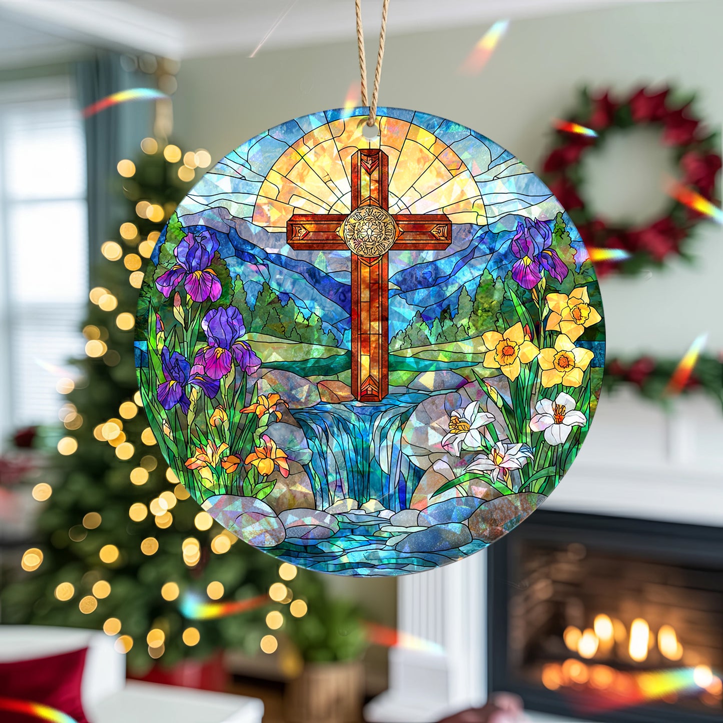 Stained Glass Cross Holographic Christmas Ornament | Symbol of Hope & New Life | Religious Christian Keepsake