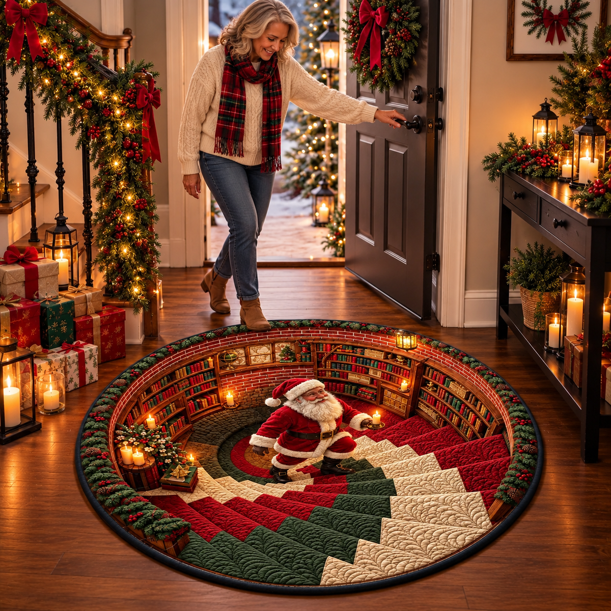 Santa Christmas Library Quilted Round Mat