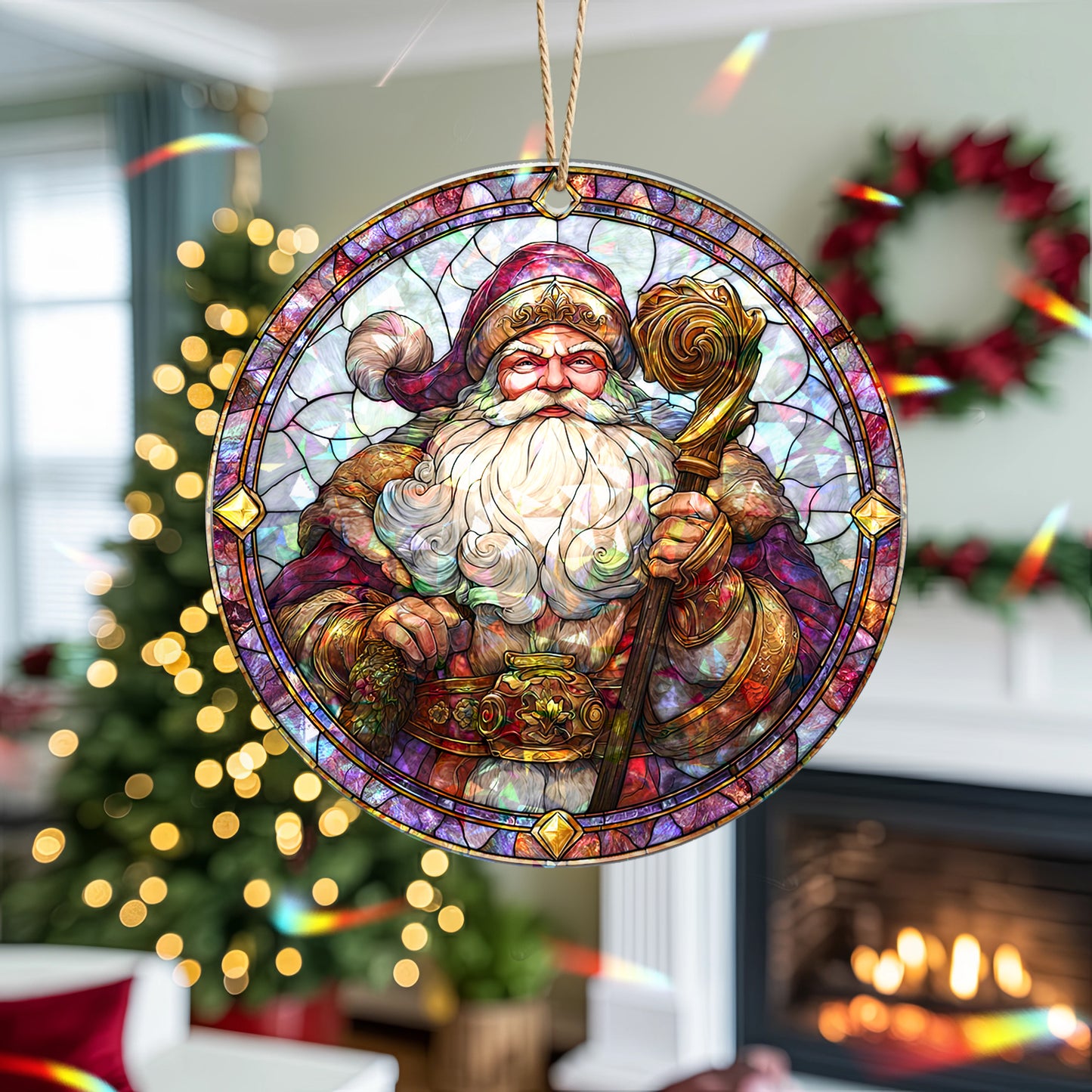 Stained Glass Santa Claus Holographic Christmas Ornament | Majestic St. Nick | Festive Holiday Keepsake