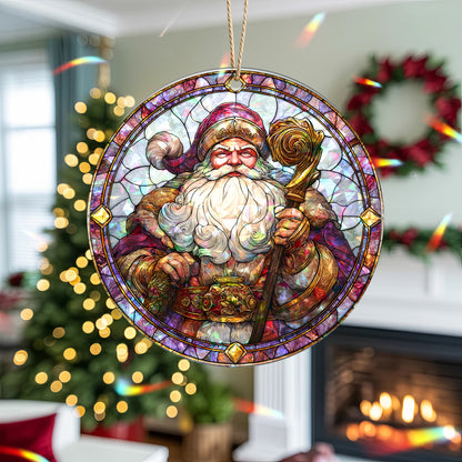 Stained Glass Santa Claus Holographic Christmas Ornament | Majestic St. Nick | Festive Holiday Keepsake