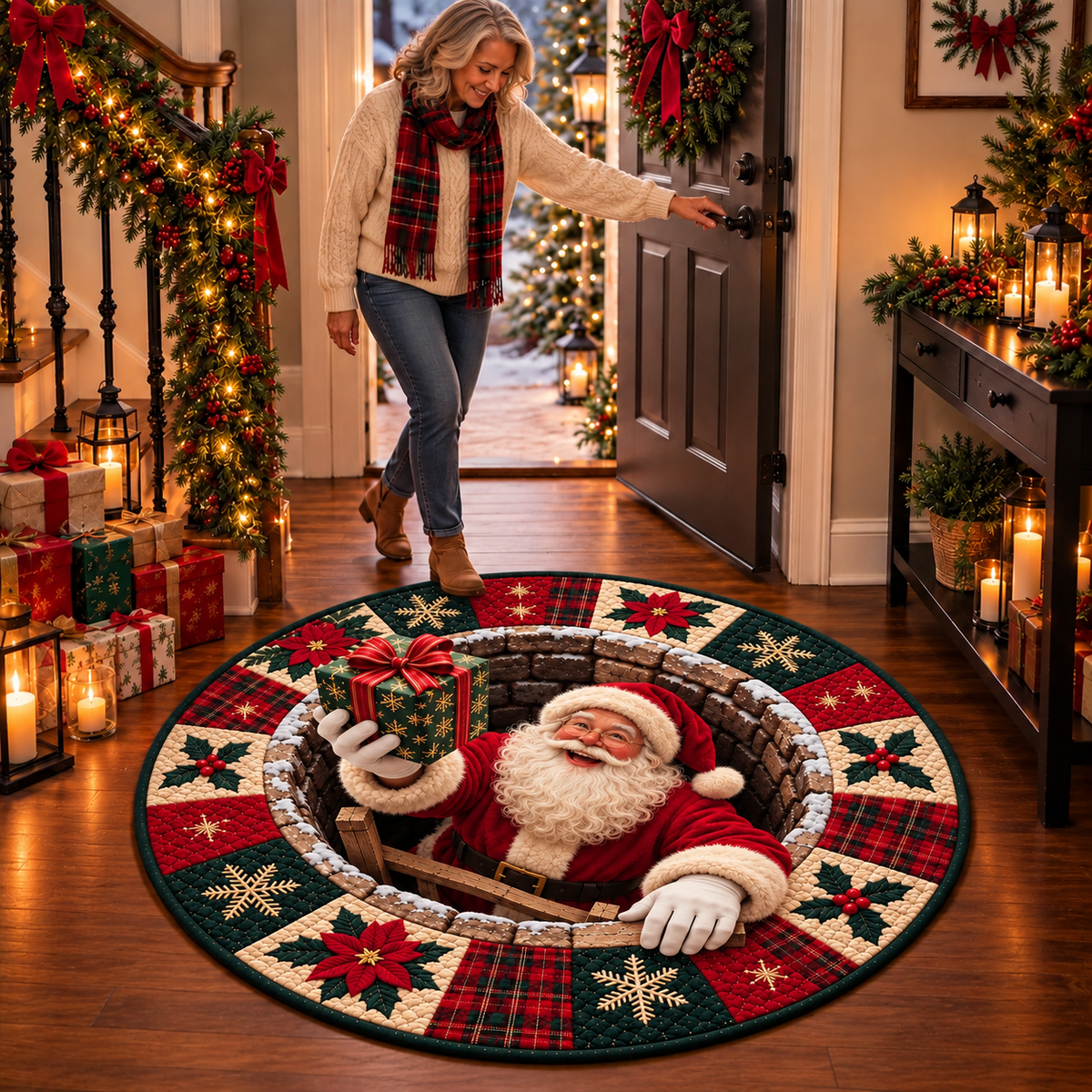 Santa Christmas Library Quilted Round Mat