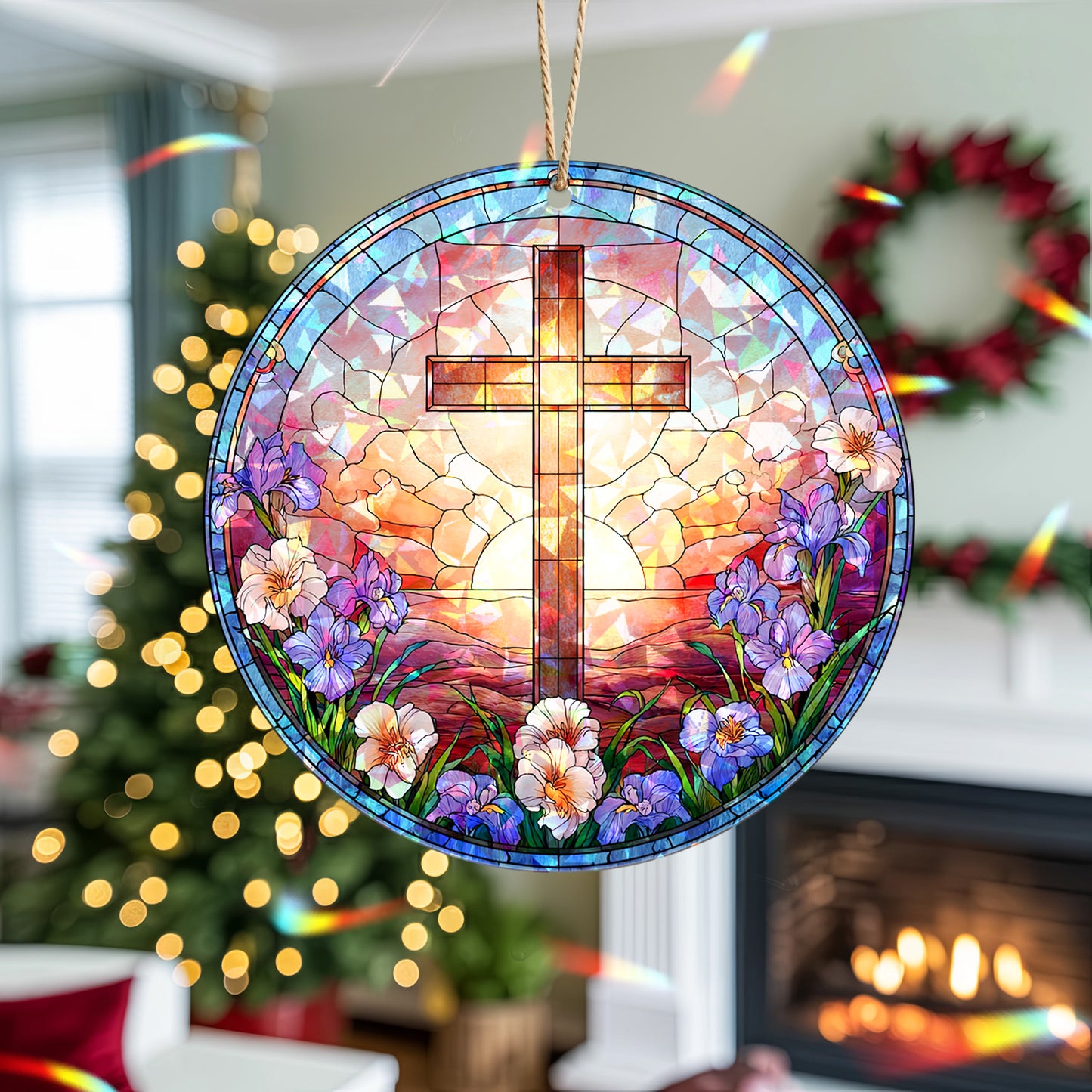 Stained Glass Cross Holographic Christmas Ornament | Symbol of Hope & New Life | Religious Christian Keepsake