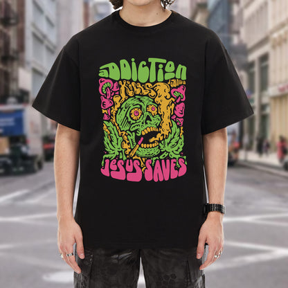 "Addiction Jesus Saves" Skull Design Christian T-Shirt | Faith Guided Life Apparel