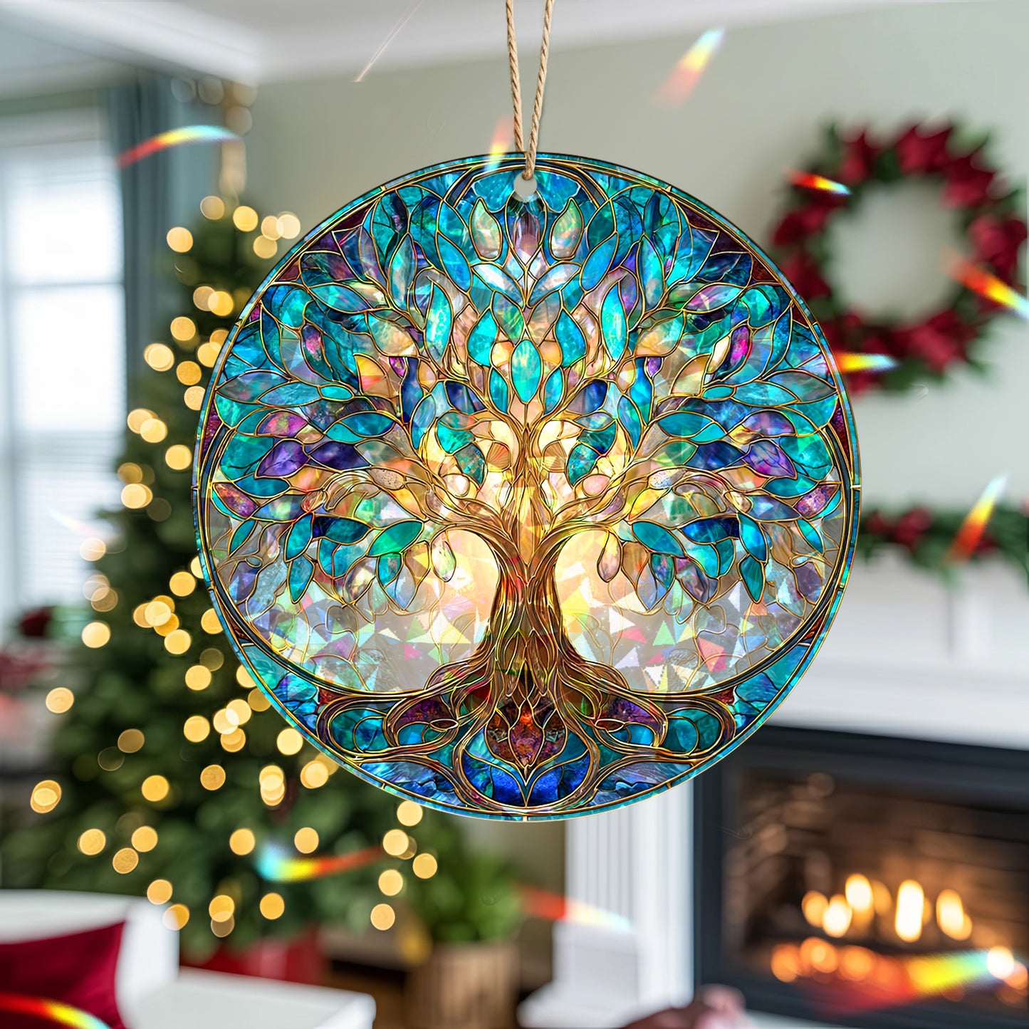 Vibrant Tree of Life Stained Glass Holographic Christmas Ornament | Symbol of Growth & Family | Colorful Holiday Keepsake