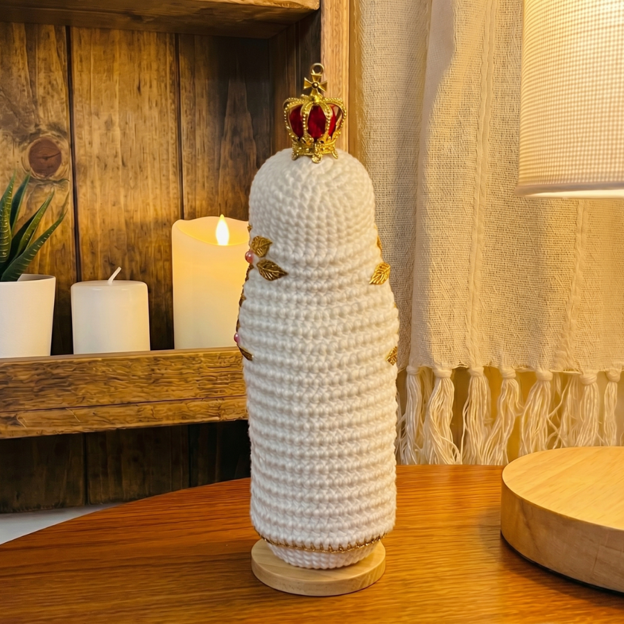 Handmade Crochet Virgin Mary Statue with Crown & Sacred Heart of Jesus Statue(include Wooden Base)