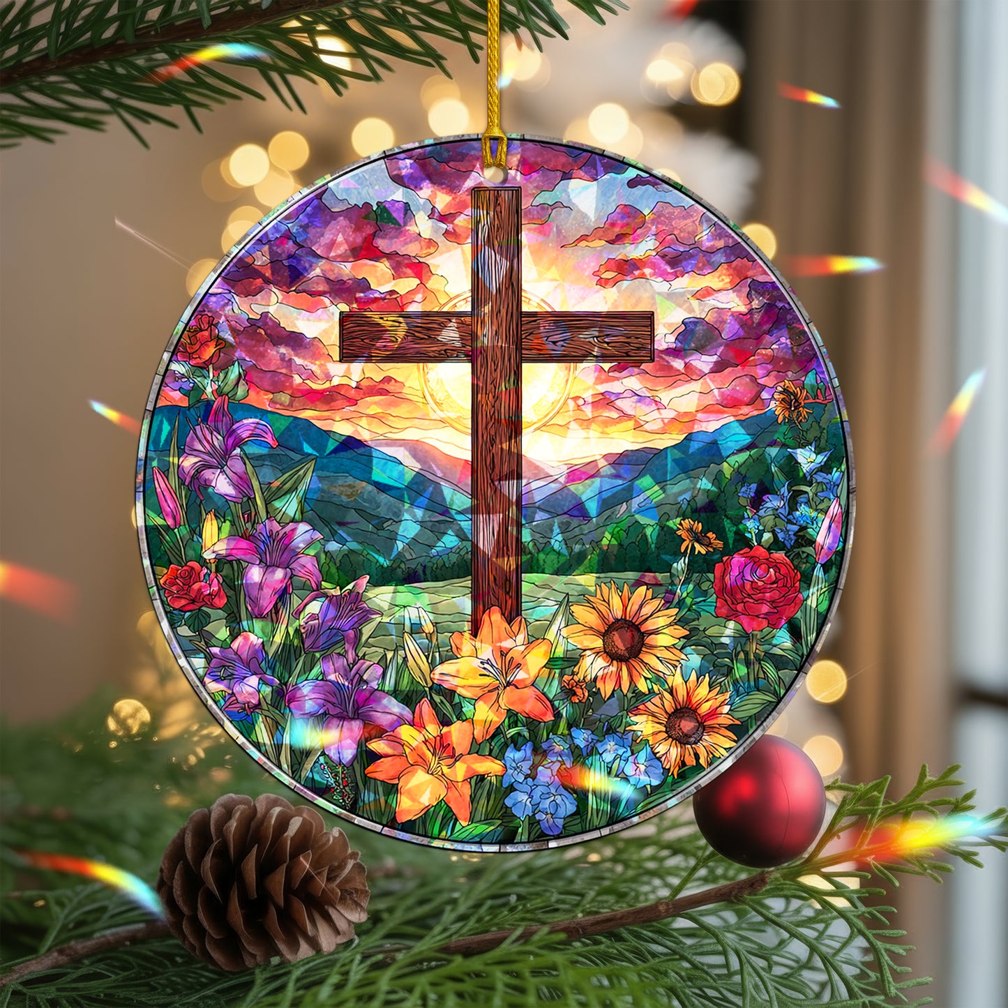 Stained Glass Cross Holographic Christmas Ornament | Symbol of Hope & New Life | Religious Christian Keepsake