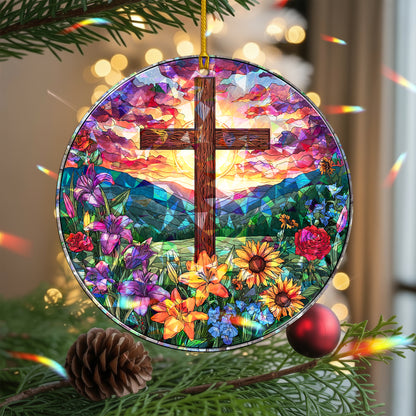 Stained Glass Cross Holographic Christmas Ornament | Symbol of Hope & New Life | Religious Christian Keepsake