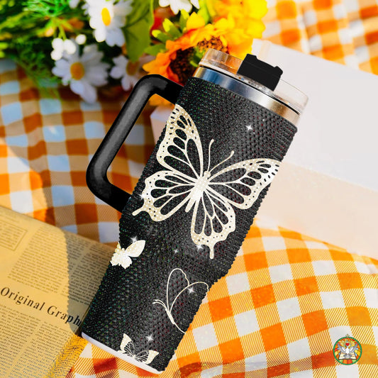 Butterfly Black Bling Diamond Tumbler 40oz - Sparkling Transformation Rhinestone Cup