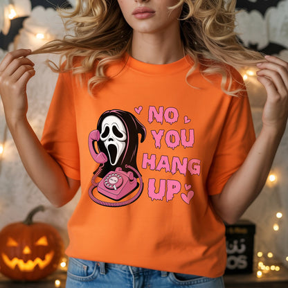 No You Hang Up Ghostface Pink Phone Halloween T-Shirt Scream Movie Horror Romance Tee