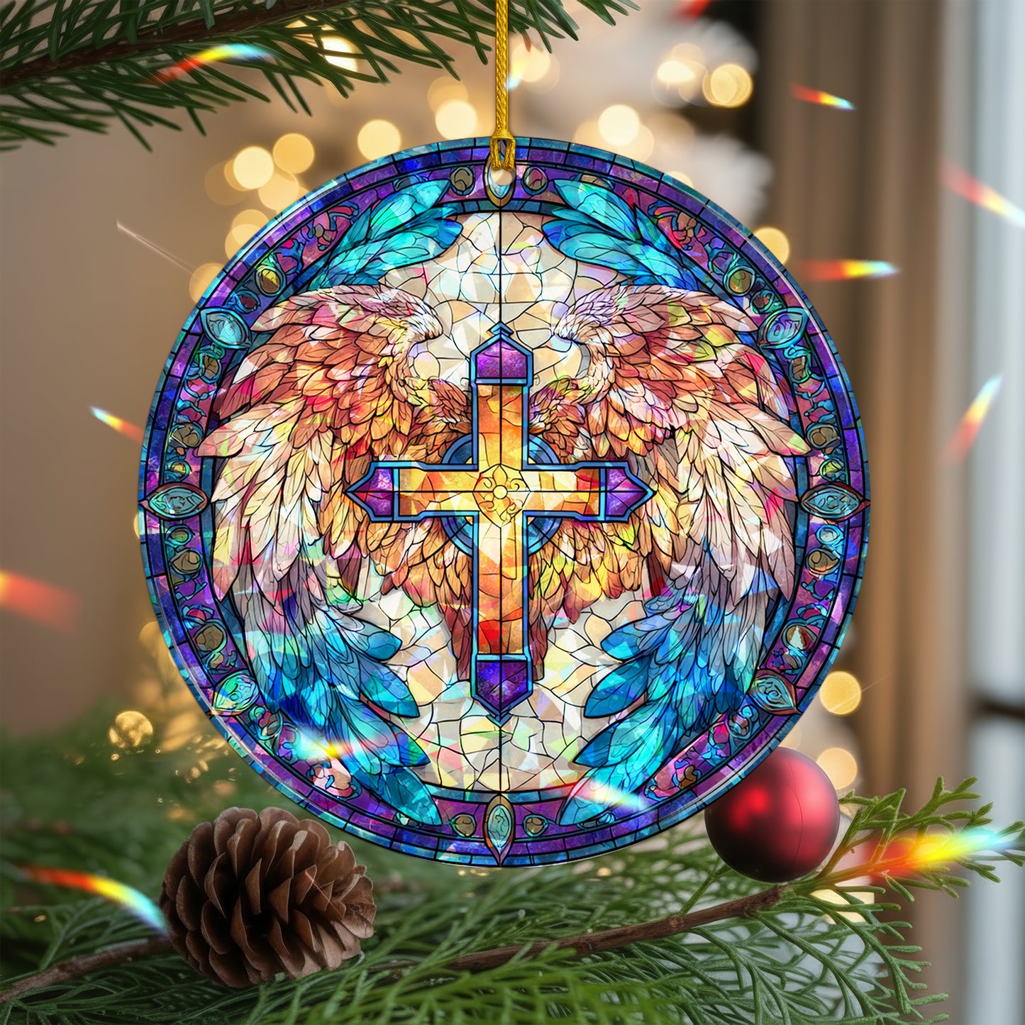 Stained Glass Angel Wing Cross Holographic Ornament | Symbol of Hope & Victory | Christian Keepsake