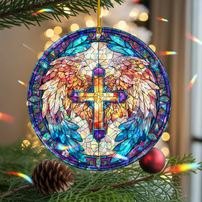 Stained Glass Angel Wing Cross Holographic Ornament | Symbol of Hope & Victory | Christian Keepsake