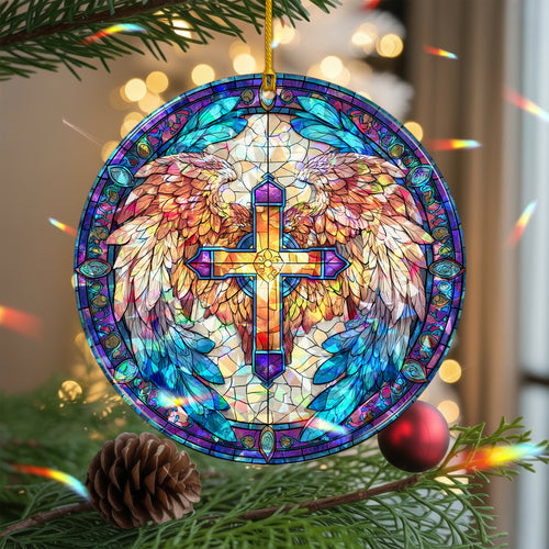 Stained Glass Angel Wing Cross Holographic Ornament | Symbol of Hope & Victory | Christian Keepsake