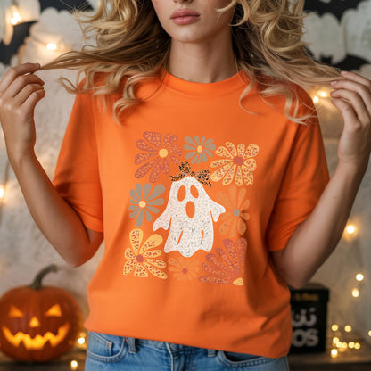 Retro Floral Ghost Leopard Bow Halloween T-Shirt Vintage Autumn Boho Spooky Cute Fall Tee