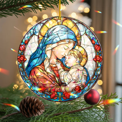 Stained Glass Madonna and Child Holographic Christmas Ornament | Mary and Jesus Religious Keepsake | Christian Tree Decoration