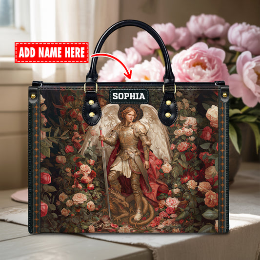 St. Michael The Archangel Warrior Angel Protector Personalized Leather Handbag