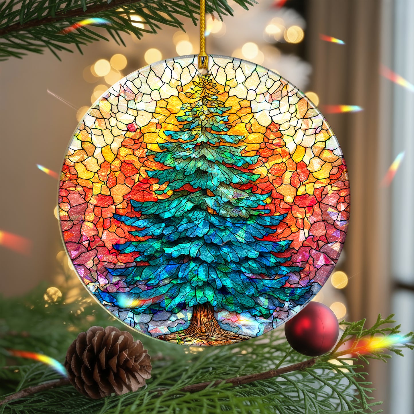 Stained Glass Christmas Tree Holographic Ornament | Festive Holiday Keepsake | Winter Glow Decoration