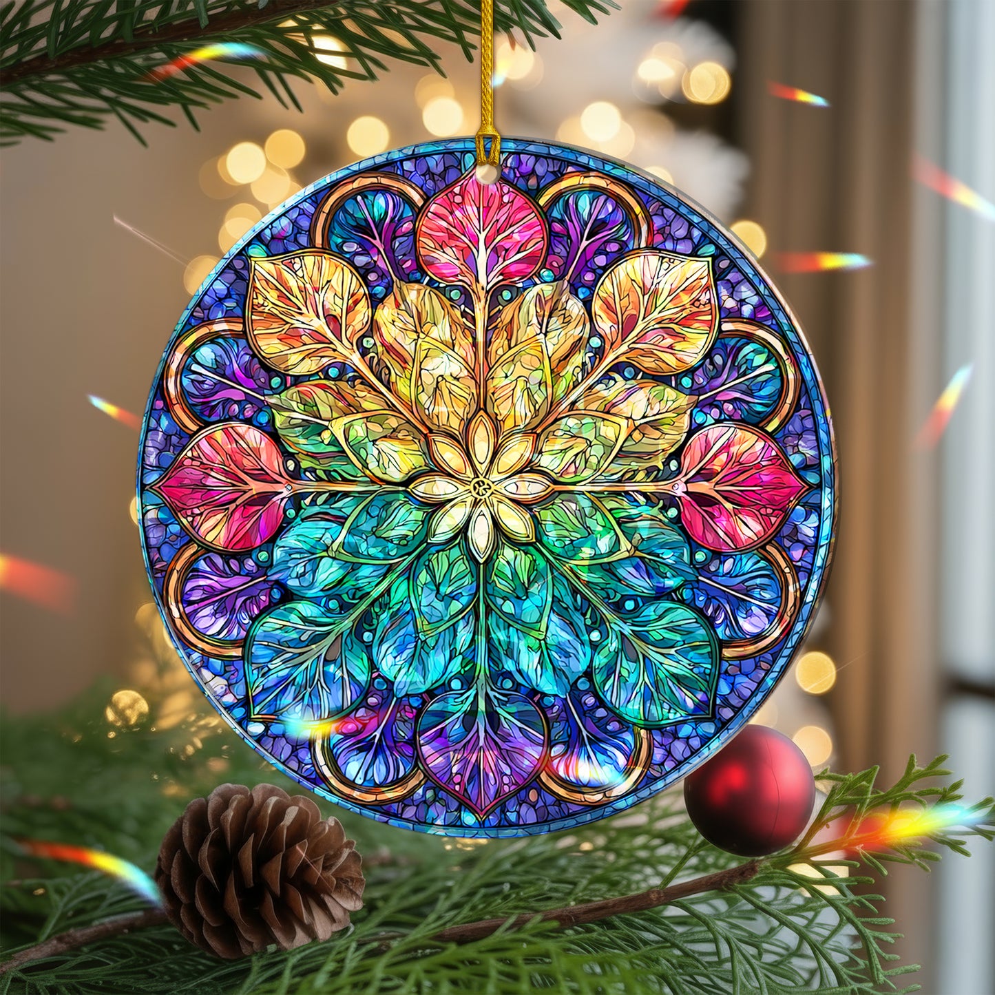 Stained Glass Mandala Holographic Christmas Ornament | Kaleidoscope of Color | Spiritual Harmony Keepsake