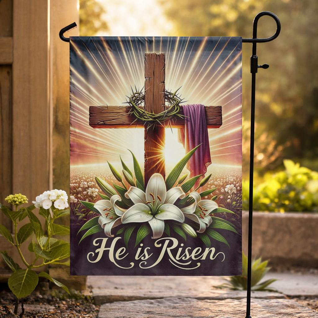 He Is Risen Wooden Cross Lily Easter Garden Flag