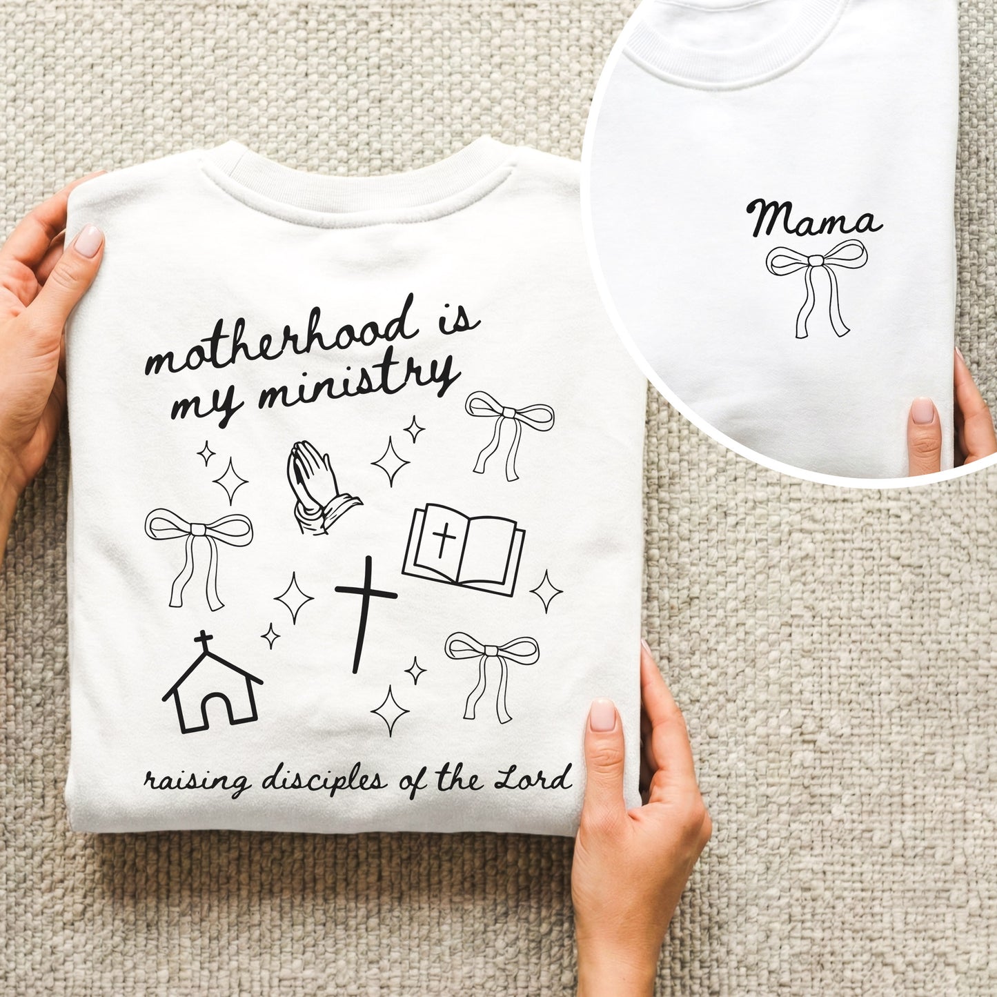Minimal Mama Ministry with Christian Icons – Two Sides – She is Bless – Unisex Tshirt /Hoodie/Sweatshirt