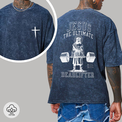 "Jesus The Ultimate Deadlifter" Unisex Vintage Washed Christian T-Shirt Two Sides | Matthew 11:28 Burden Bearer Tee | Faith Guided Life Apparel