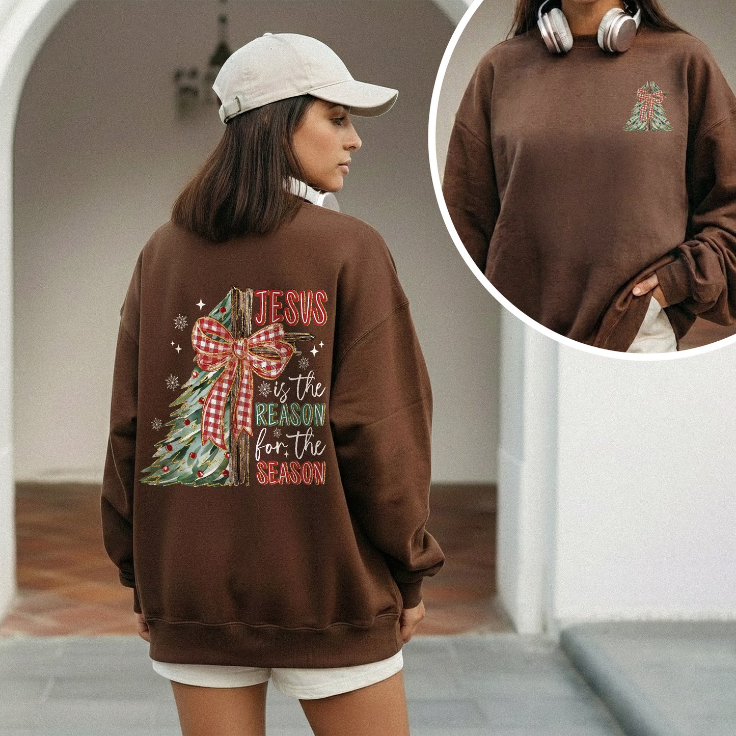 Jesus Is the Reason – Christmas Tree & Cross Bow Design - Two sides  - Merry Christmas - Unisex Tshirt / Hoodie / Sweatshirt