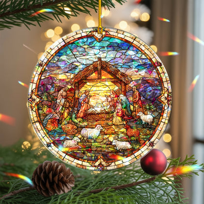 Stained Glass Nativity Scene Holographic Christmas Ornament | Full Manger Scene | Religious Christian Keepsake
