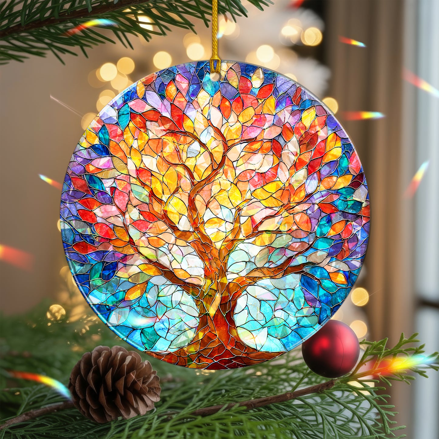Vibrant Tree of Life Stained Glass Holographic Christmas Ornament | Symbol of Growth & Family | Colorful Holiday Keepsake