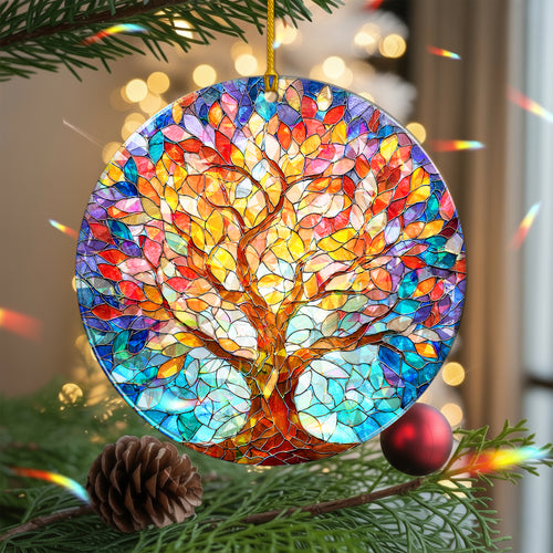 Vibrant Tree of Life Stained Glass Holographic Christmas Ornament | Symbol of Growth & Family | Colorful Holiday Keepsake