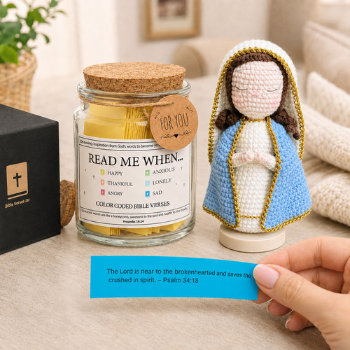Bible Verse Jar with Virgin Mary Crochet Doll Catholic Faith Gift Home Decor