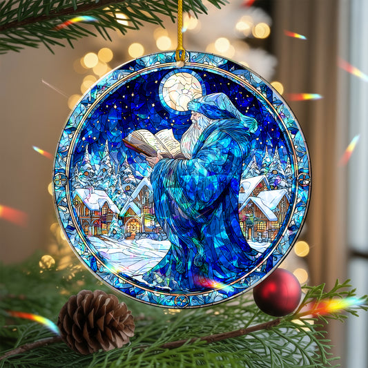 Stained Glass Storyteller Santa Holographic Christmas Ornament | Magical Holiday Keepsake | Festive Tree Decoration
