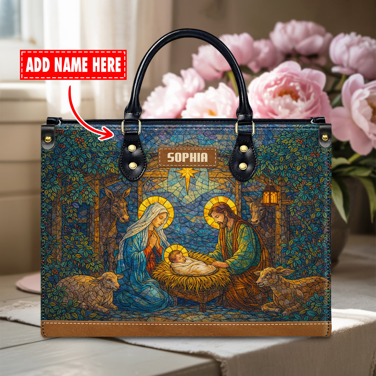 Personalized Stained Glass Nativity Christian Handbag – Twill Faux Leather & PU Leather