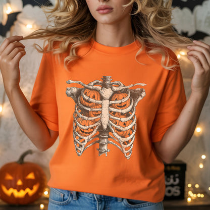 Pumpkin Ribcage Skeleton Halloween T-Shirt Jack-O-Lantern Anatomy Spooky Season Tee