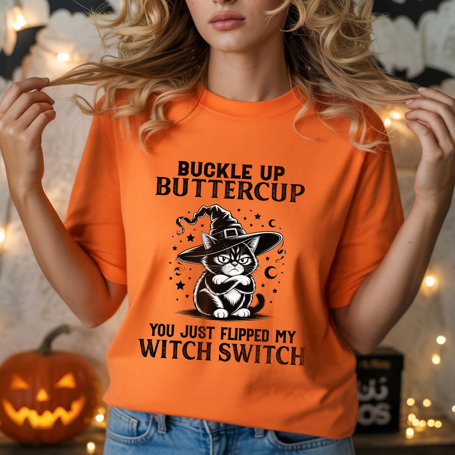 Buckle Up Buttercup You Just Flipped My Witch Switch Cat Halloween T-Shirt Sassy Spooky Tee