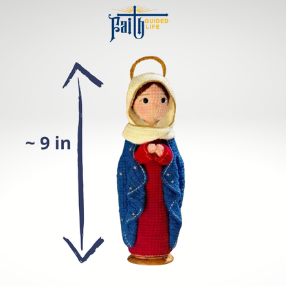 Handmade Crochet Virgin Mary Doll with Halo (Includes Wooden Base)