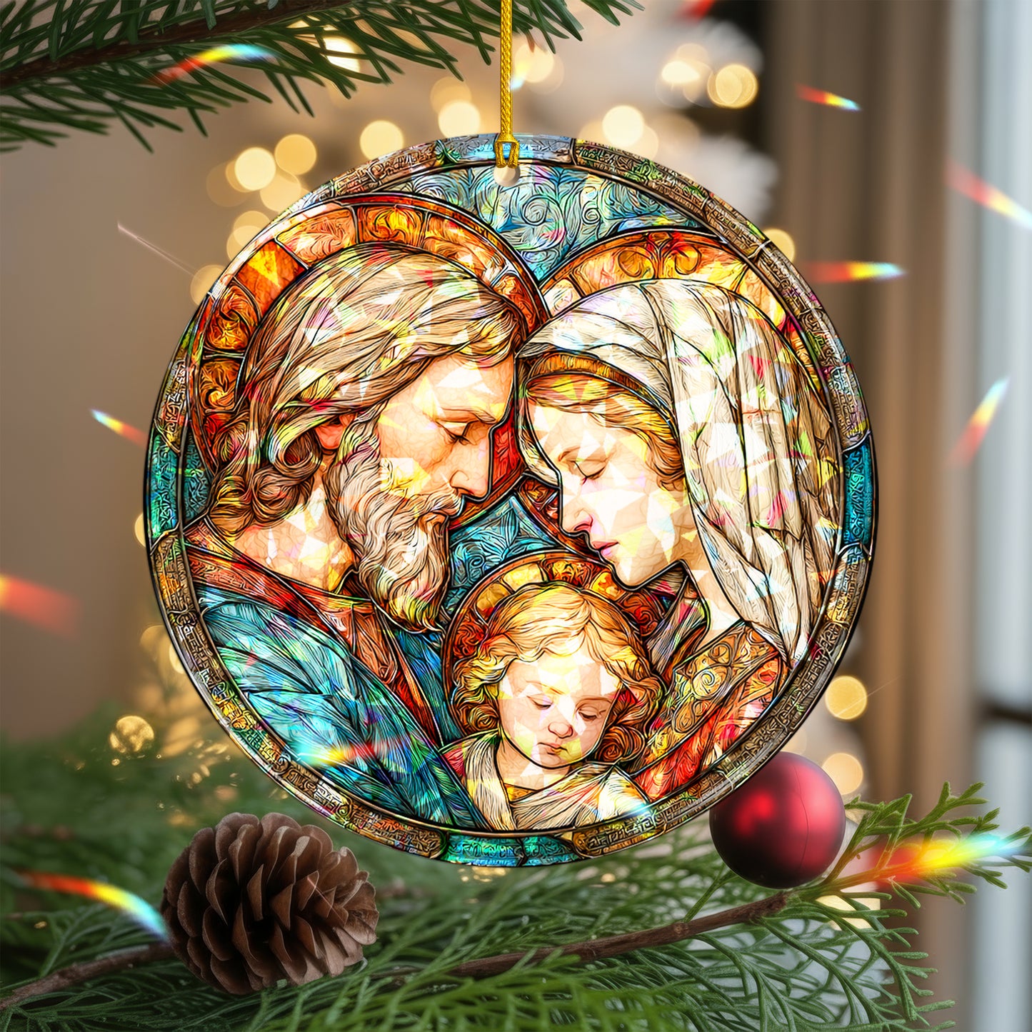 Stained Glass Holy Family Holographic Christmas Ornament | Religious Christian Keepsake | Nativity Decoration