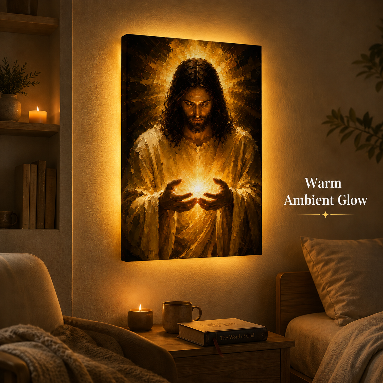 LED Jesus Light of Hope Canvas/Mica – Christian Wall Art with Hidden Backlight