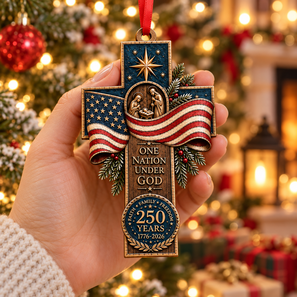 One Nation Under God 250 Years Cross Ornament – Faith Family Freedom Christmas Decor