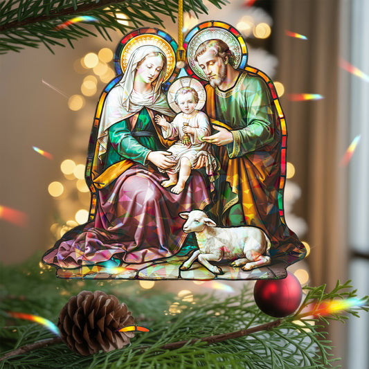 Stained Glass Holy Family Bell Holographic Christmas Ornament | Nativity Bell Keepsake | Religious Christian Decoration