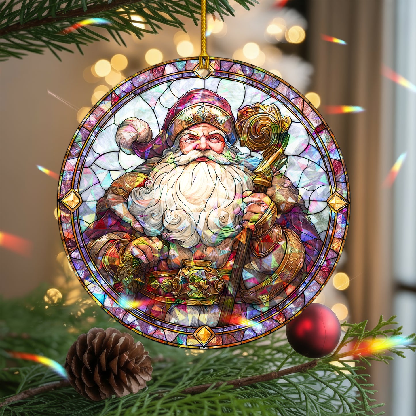 Stained Glass Santa Claus Holographic Christmas Ornament | Majestic St. Nick | Festive Holiday Keepsake