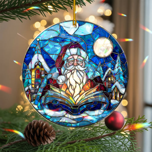 Stained Glass Storyteller Santa Holographic Christmas Ornament | Magical Holiday Keepsake | Festive Tree Decoration