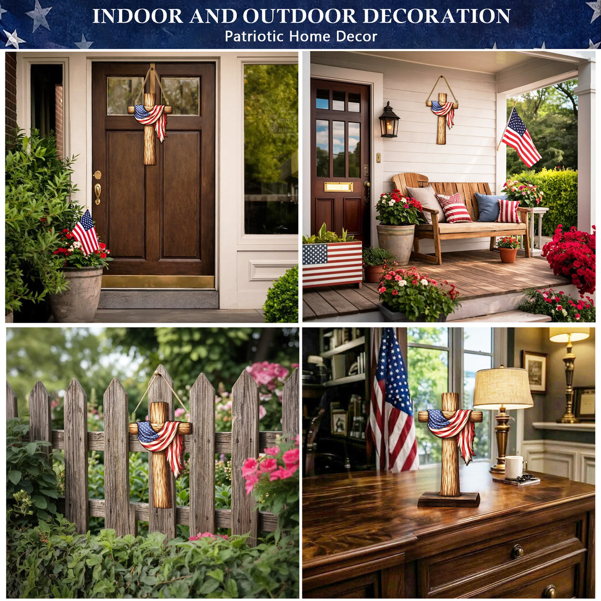 Rustic USA Faith Cross Door Decor for Memorial Day, Independence Day, and Everyday Home Display