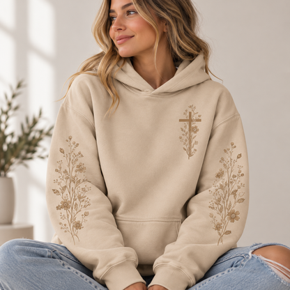 Floral Cross Christian Faith Hoodie – Unisex Religious Floral Sleeve Hoodie