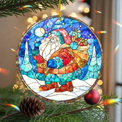 Stained Glass Santa Claus Holographic Christmas Ornament | Festive Holiday Keepsake | Jolly Tree Decoration