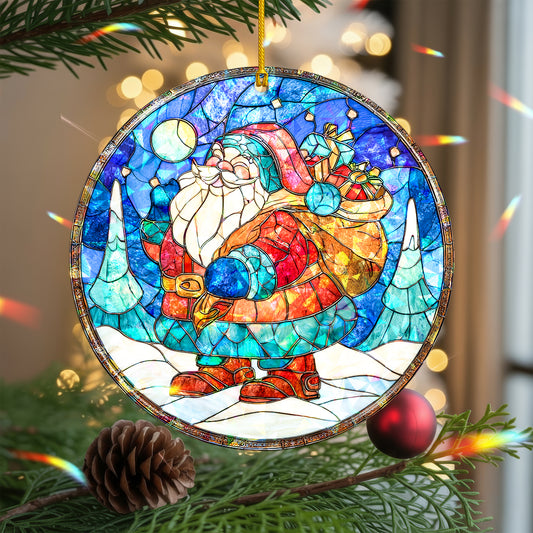 Stained Glass Santa Claus Holographic Christmas Ornament | Festive Holiday Keepsake | Jolly Tree Decoration
