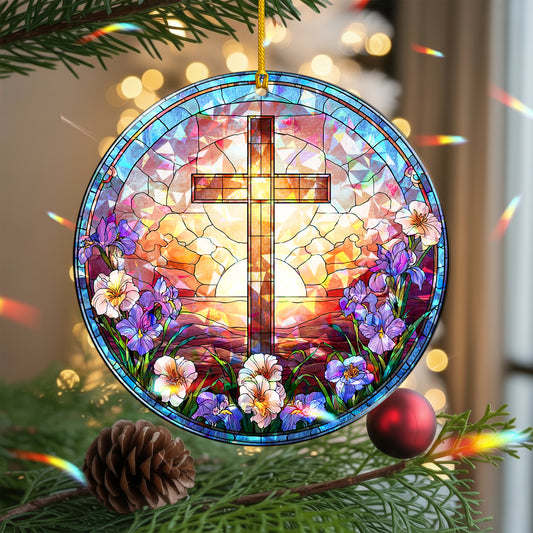 Stained Glass Cross Holographic Christmas Ornament | Symbol of Hope & New Life | Religious Christian Keepsake
