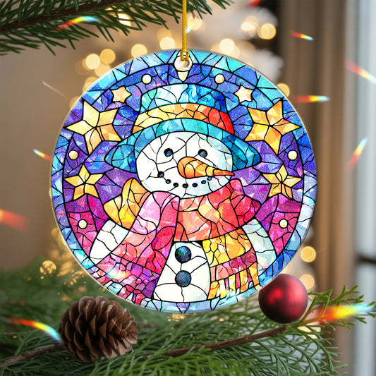 Stained Glass Snowman Holographic Christmas Ornament | Festive Holiday Keepsake | Winter Wonderland Decoration