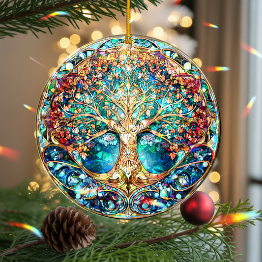 Tree of Life Stained Glass Holographic Christmas Ornament | Symbol of Family & Connection | Spiritual Keepsake Decoration