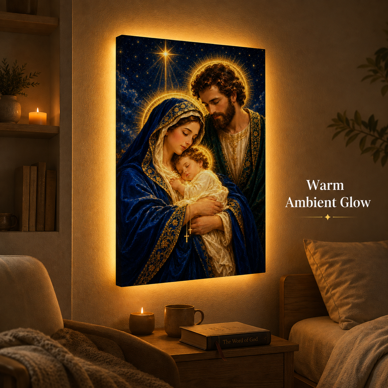 LED Holy Family Radiant Night Canvas/Mica – Christian Wall Art with Hidden Backlight
