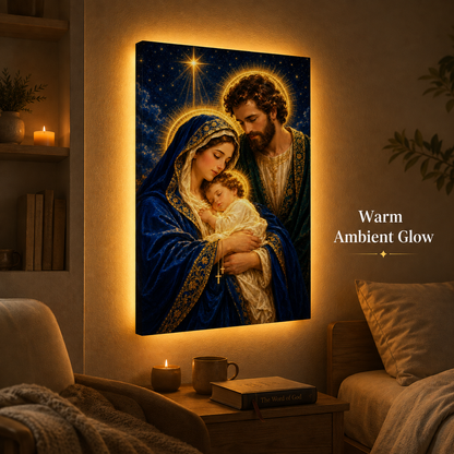 LED Holy Family Radiant Night Canvas/Mica – Christian Wall Art with Hidden Backlight