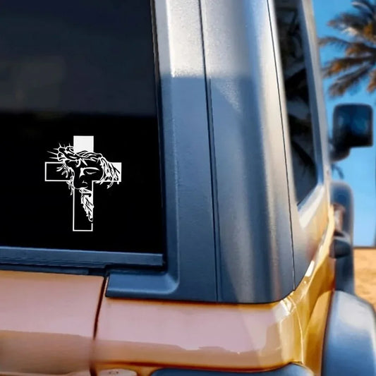 Jesus Face & Cross Decal – Waterproof Christian Sticker for Car, Laptop, Water Bottle & More - Faith Guided Life